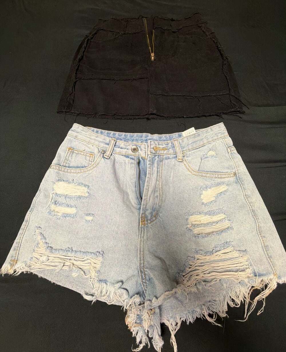SHEIN Distressed Ripped Raw Hem Denim Shorts and Black Denim Skirt Bundle Size M